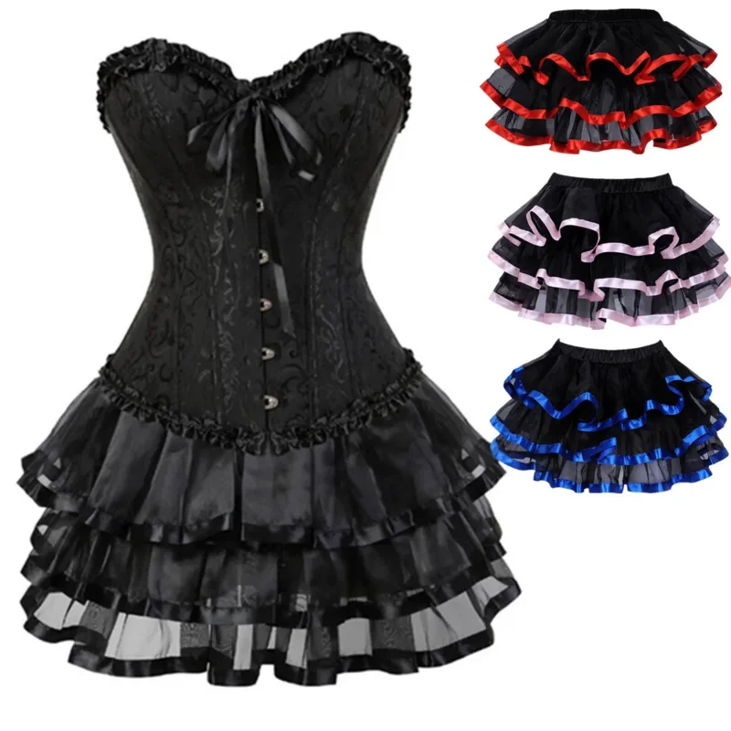 Women's Sexy Jacquard Lace Up Overbust Corset Bustiers Dress Gothic Body Shaper Mini Skirt Tutu Plus Size XS-7XL XC7368