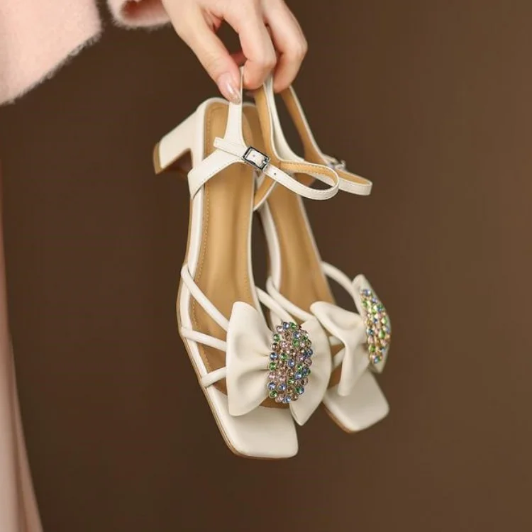 

Beige Leather Women Sandals Crystal Bowknot Decor Beach Summer Shoes Narrow Band Square High Heels Lady Silver Sandalias Mujer