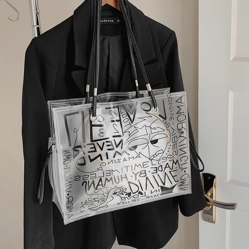 Ladies Transparent Tote Bag Graffiti Large Capacity Shoulder Bag PVC Jelly Clear Bag Fashion Beach Hand Bag for Women