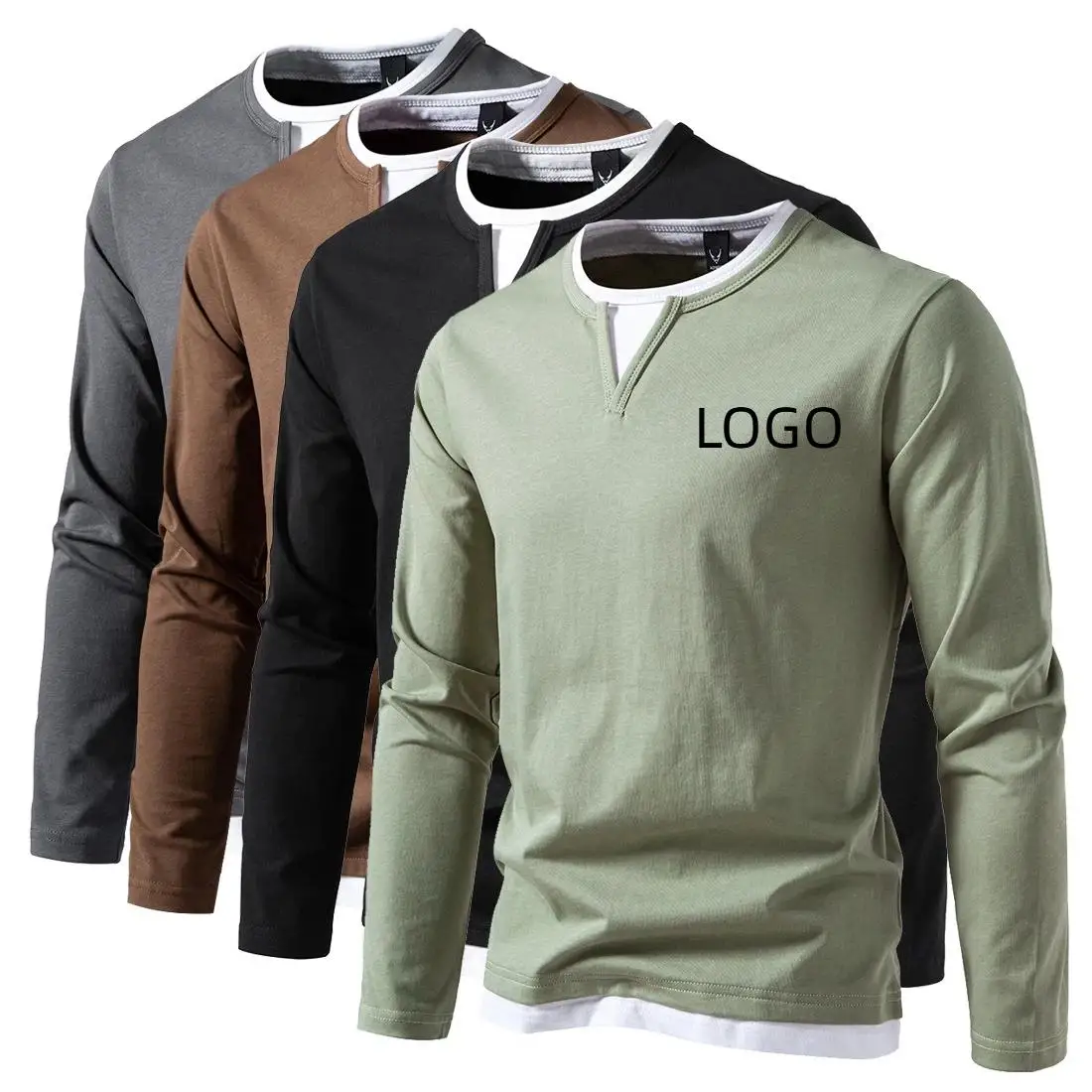 New Double-layer V-neck Men's Long Sleeved T-shirt For Outdoor Sports And Leisure Breathable Pure Cotton Round Neck Base T-shirt