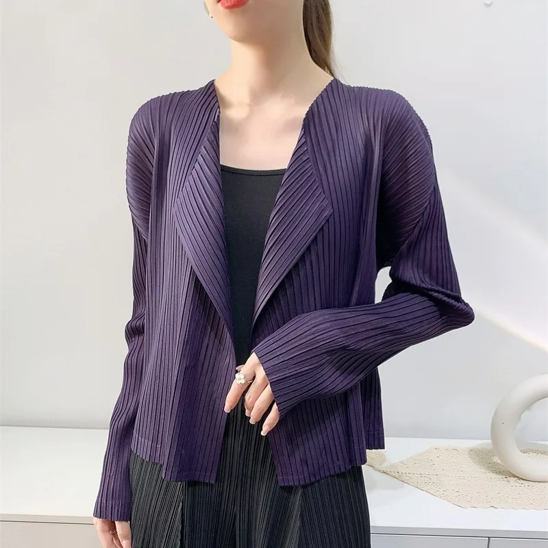 

Miyake 2024 Spring New Folded Cardigan Versatile Basic PP Solid Color Casual Long Sleeved Short Coat