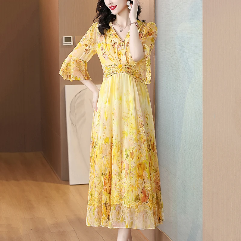 Summer Luxury Vacation Fashion Elegant Maxi Dress New Dance Party Yellow Dress 2024 Women Boho Beach Floral Silk Casual Vestidos