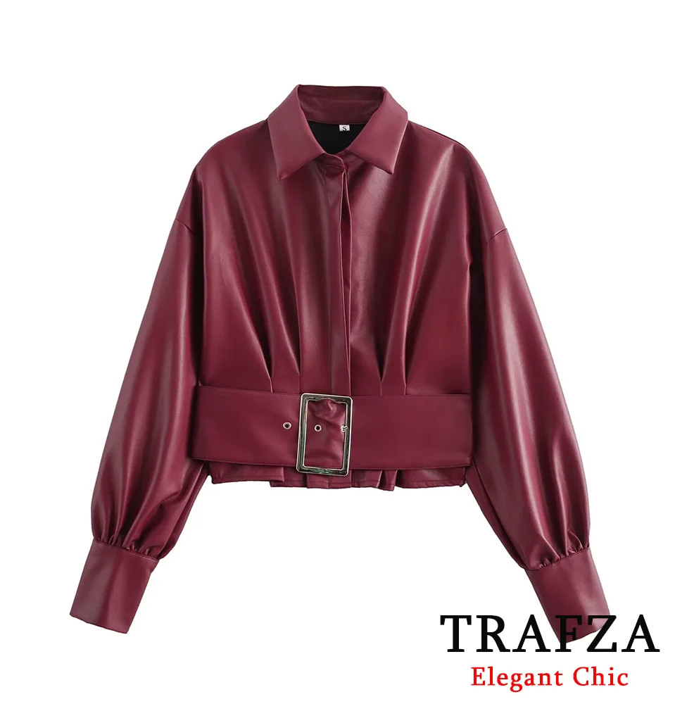

TRAFZA Women Vintage Solid Belted Coat Fall Winter Red Jacket New 2024 Fashion Flap Coat Chrismas Party Casual Jacket