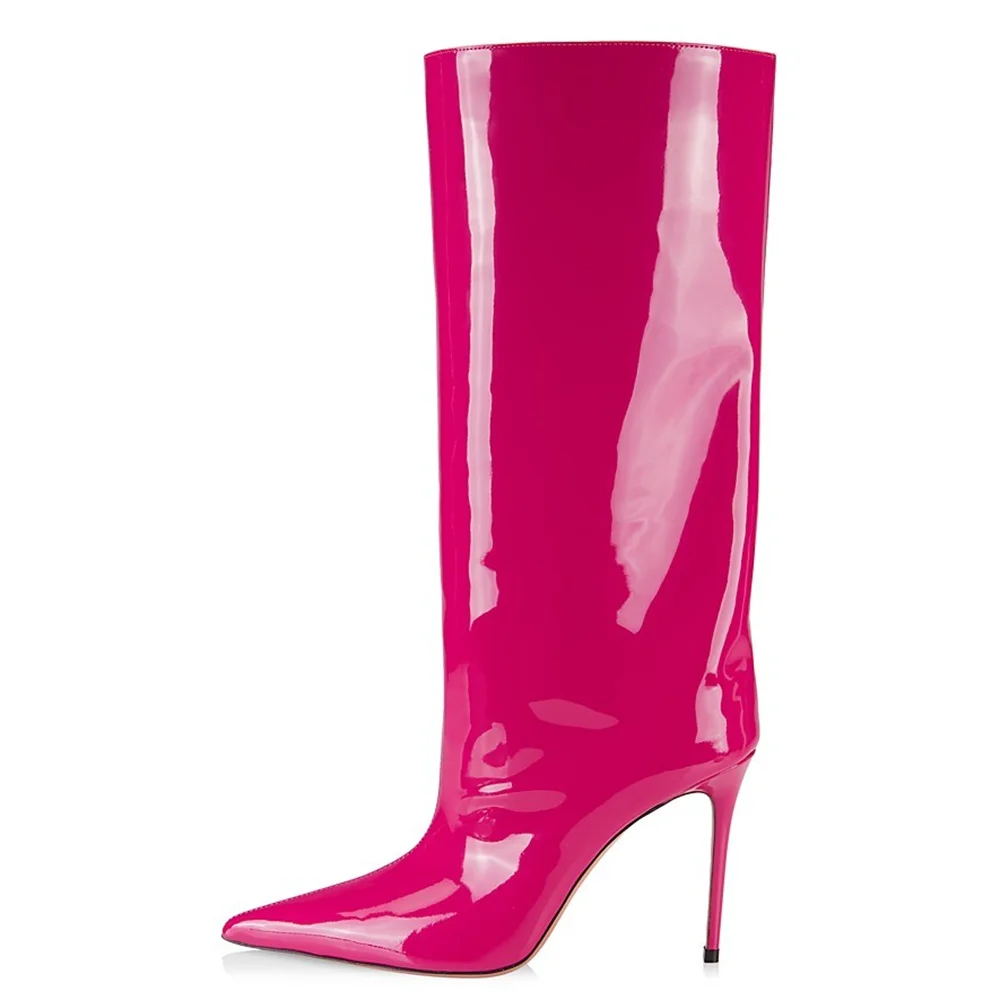 Customizable Plus Size Pull On Pointed Toe Stiletto Mid Calf Iridescent Multicolor Petrol Patent Leather High Heel Boots