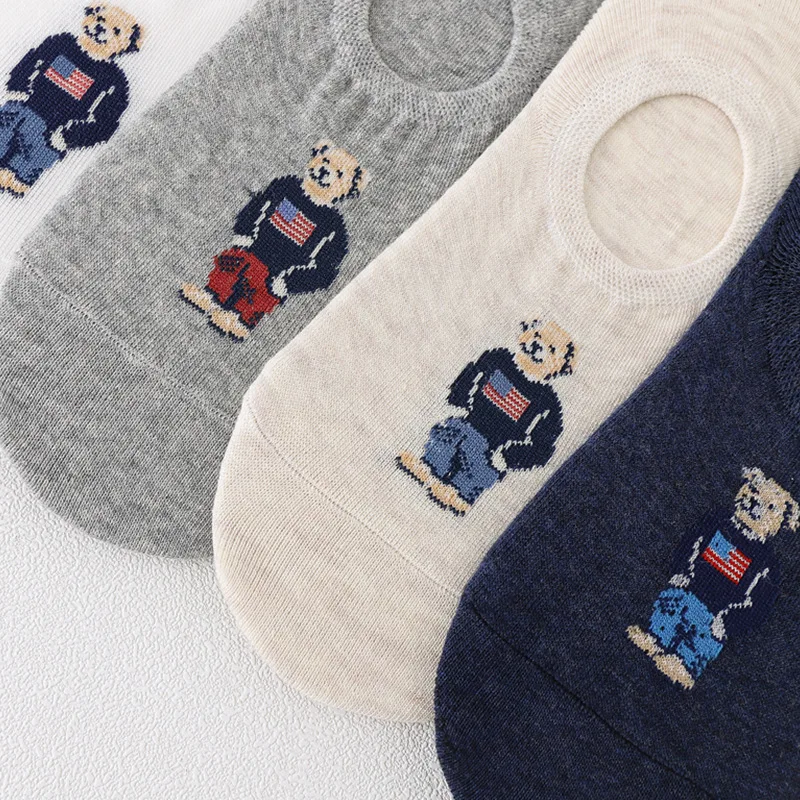 5pair/lot Fashion Men\'s Boat Socks Cartoon Bear Xia Qiu Non slip Invisible Silicone Cotton Ankle Slippers Socks Retro