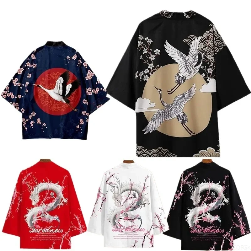 Ukiyo-e Chinese Style Dragon Tengtu Crane Kimono Cloak Loose Seven Quarter Sleeved Cardigan Taoist Robe 3D Digital Printed Shirt