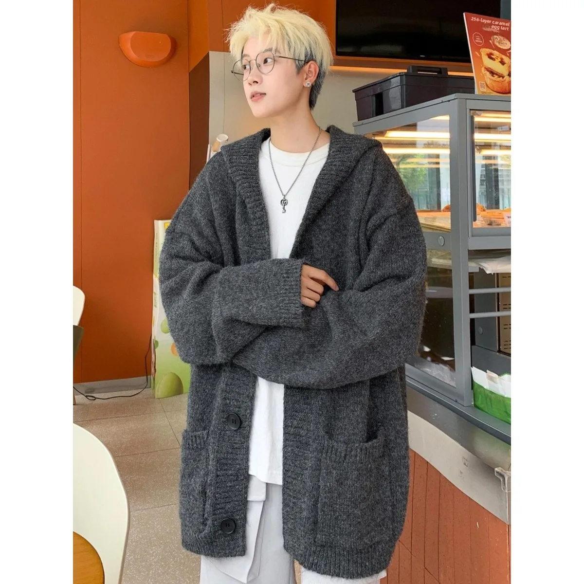 plus Size Men's Hooded Open Cardigan Sweater Autumn Winter Jacket Trendy Loose Knitted Shirt for Plump People Casual Wear