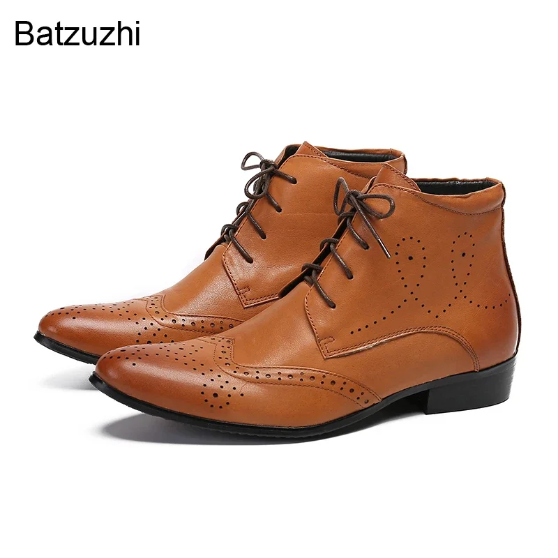 

Batzuzhi 2022 New Fashion Men's Boots Pointed Toe Lace-up Brown Genuine Leather Ankle Boots for Men British Style Dress Botas!