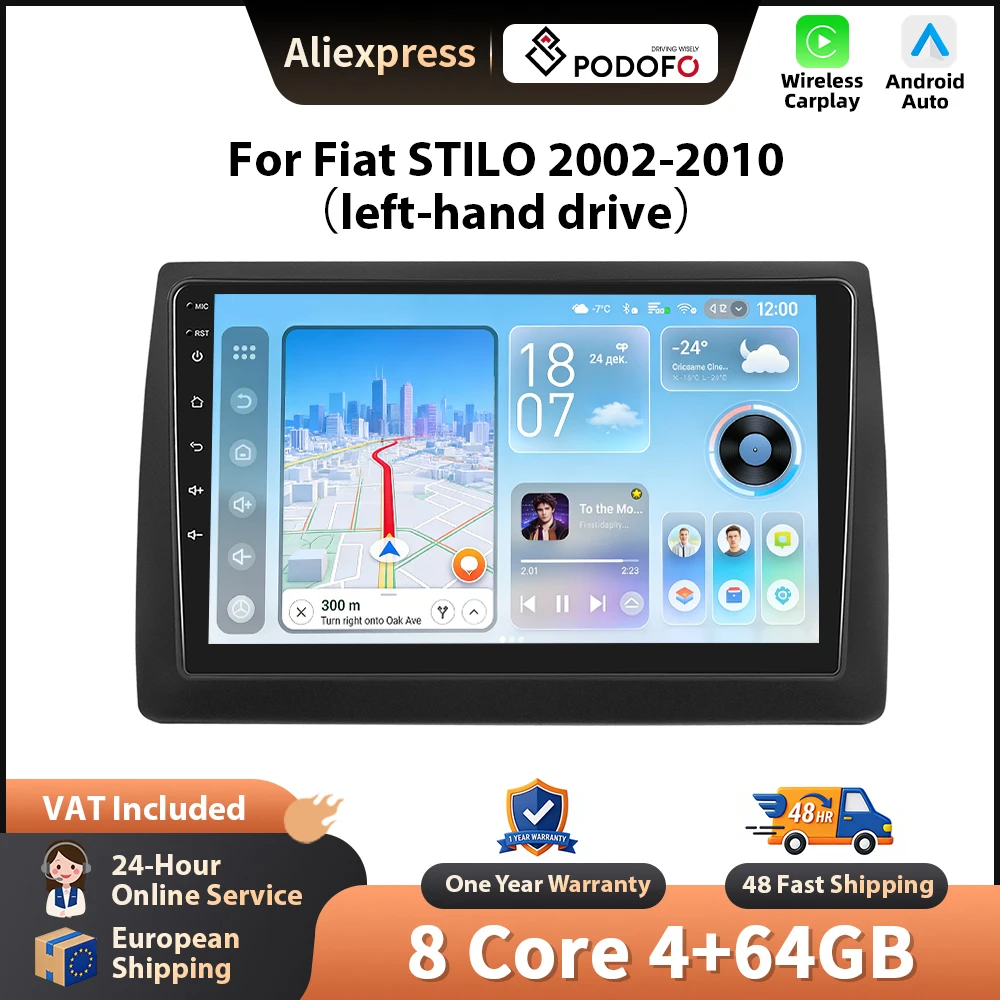 Podofo 9'' Autoradio für Fiat STILO 2002-2010, kabelloses CarPlay, Android Auto-Multimedia-Stereo, WIFI, GPS, 2-DIN-Radio, FM/RDS, BT