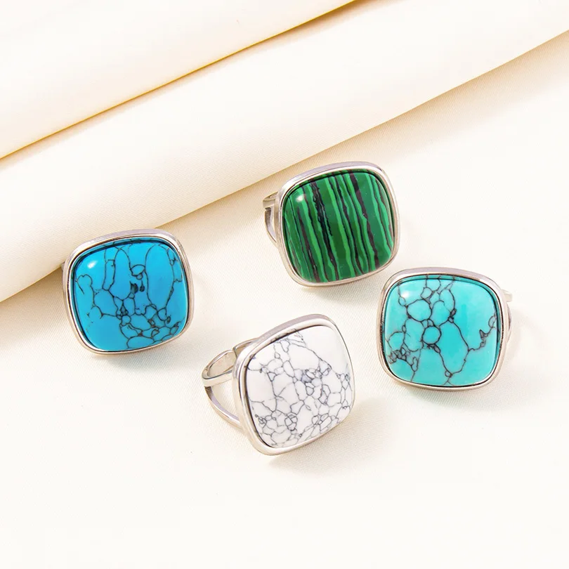 Luxury Square Turquoise No Fade Stainless Steel Rings For Women Men Jewelry Fashion Open Adjustable Ring Finger Accessories Gift