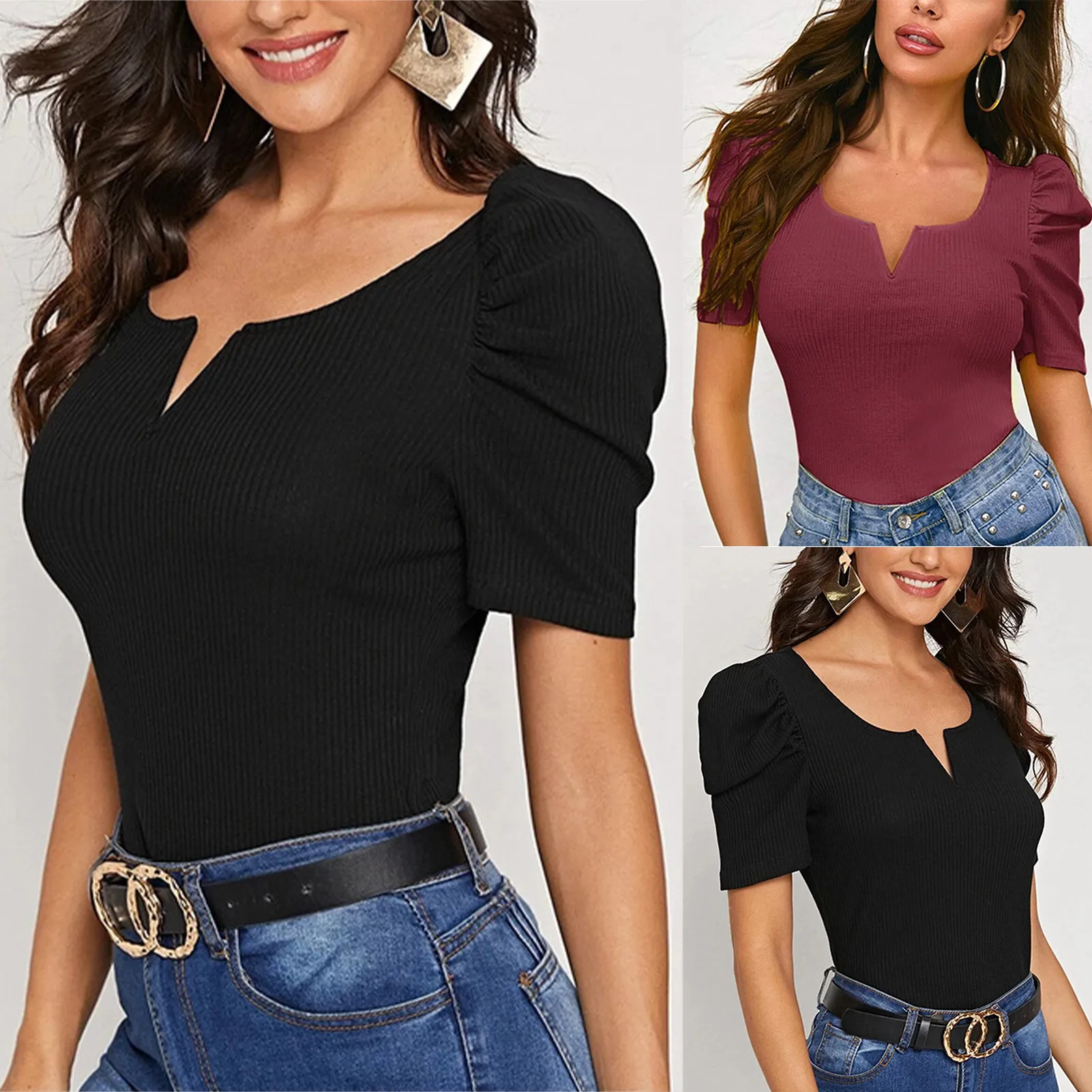 Women's Tops V Neck Summer Cute Puff Sleeve Crop Tops Plain Color Fashion T-Shirt Casual Wear Ribbed Knit Short Sleeve Versatile