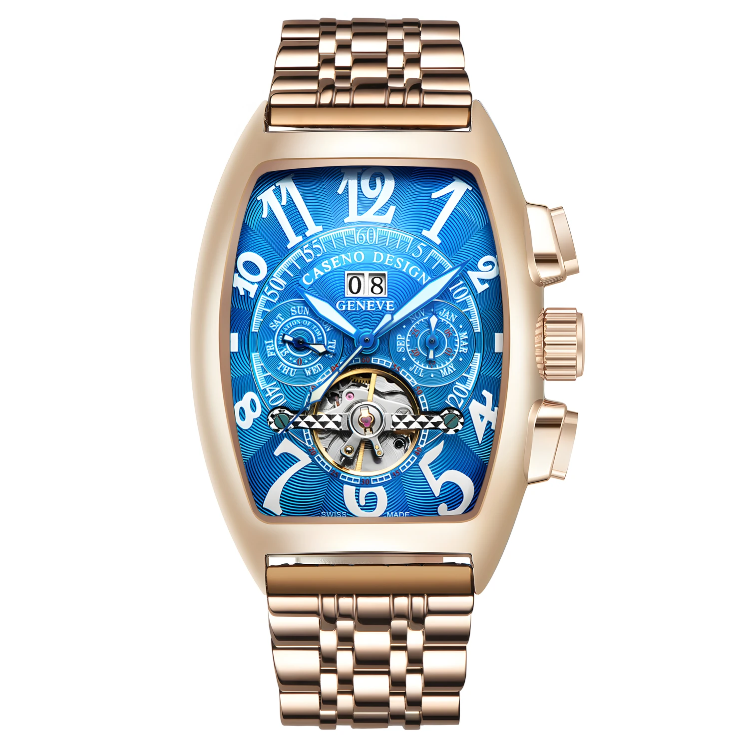 

CASENO, люксовый бренд, предлагает мужские автоматические механические часы с турбийоном, стальным браслетом, календарем, люминесцентным покрытием и функцией Tonneau.