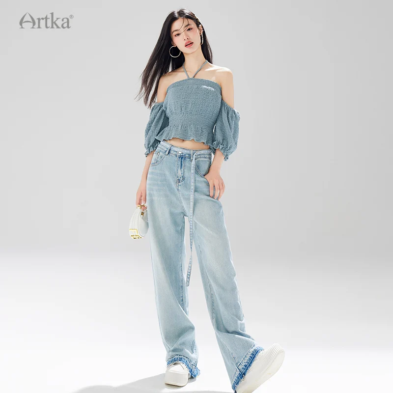 ARTKA 2023 Summer New Women Jeans Fashion High Waist Loose Jeans Wide Leg Washed Straight Denim Trousers With Belt KN92235X