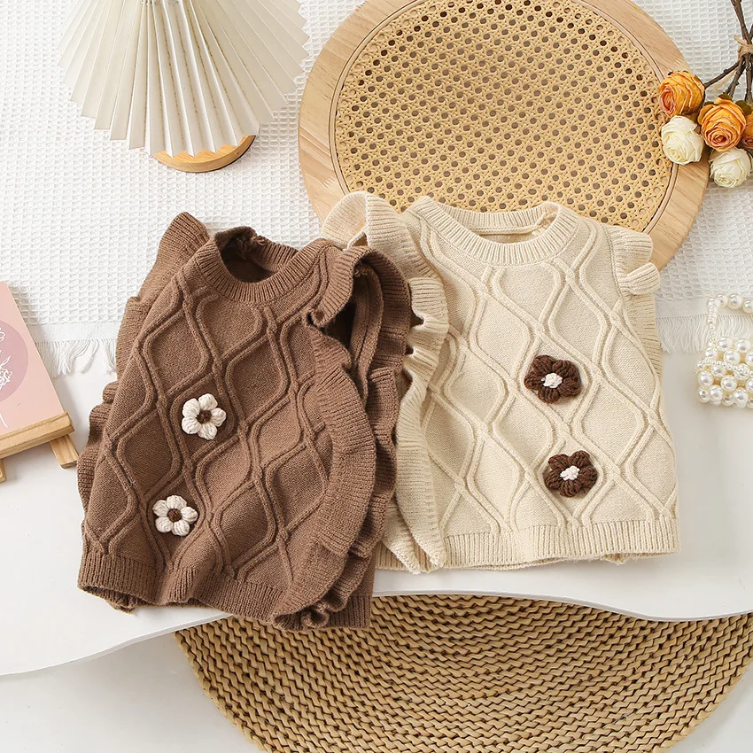 2026 Girls' Sweater Vest Flower Shaped Mushroom Edge Knitted Vest Spring New Style Stylish and Versatile Vest