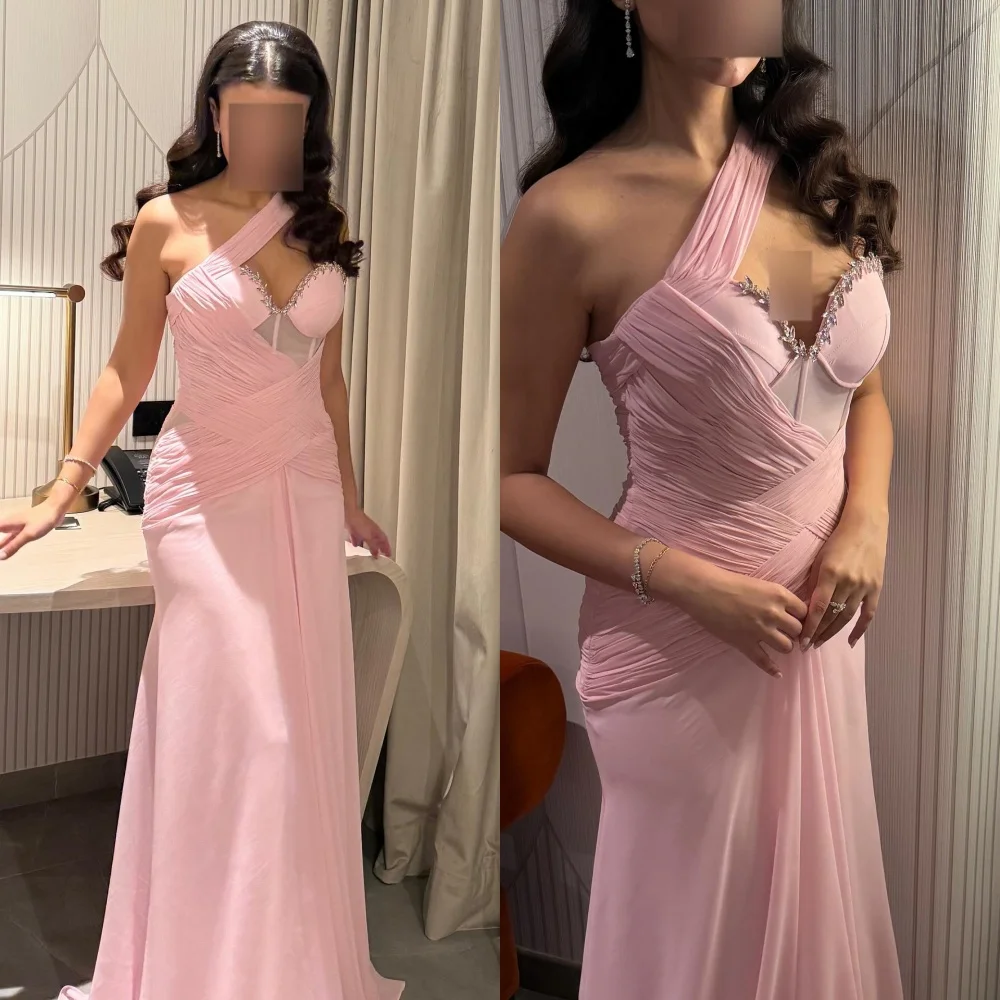 

Customized Retro Pastrol Chiffon Pleat Draped Rhinestone Mermaid One-shoulder Long Dresses Bespoke Occasion Dresses Elegant Sexy
