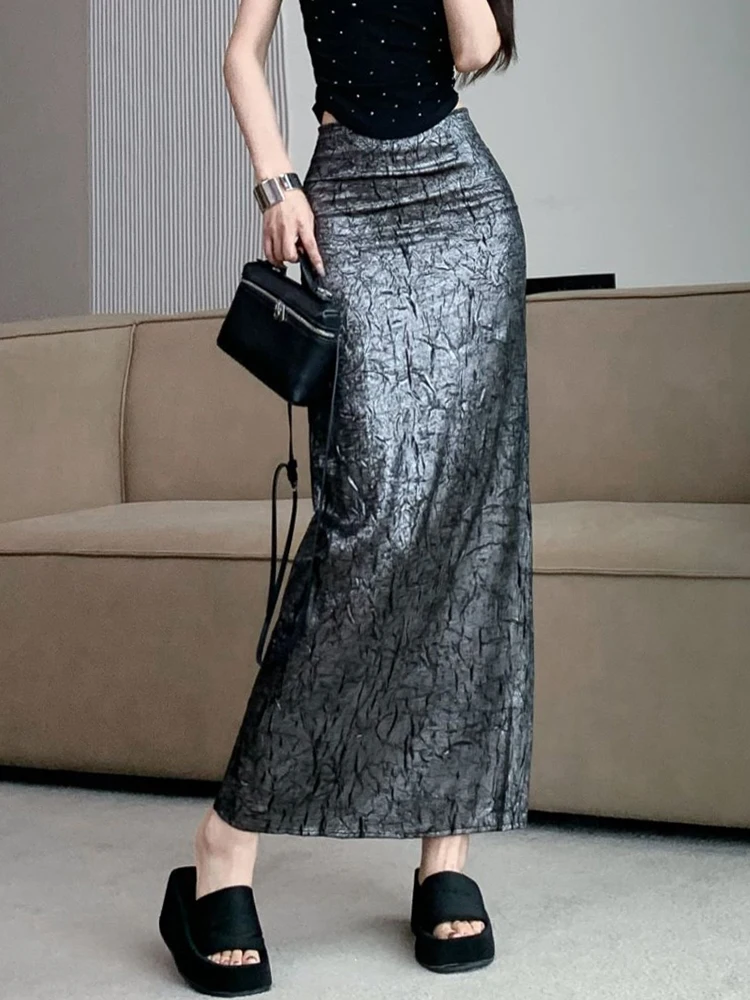 

Women Gray High Waist Skirt 2024 Summer Thin Bodycon Sexy Spice Girl Back Split Pleated Texture Sense Slim-Fit A-Line Hip Skirts