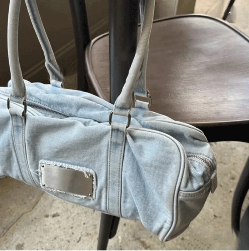 Denim Shoulder Bag, Personalized Name For Girls, Light Blue Handbag, Customized Embroidery, Casual, Large Capacity Bag