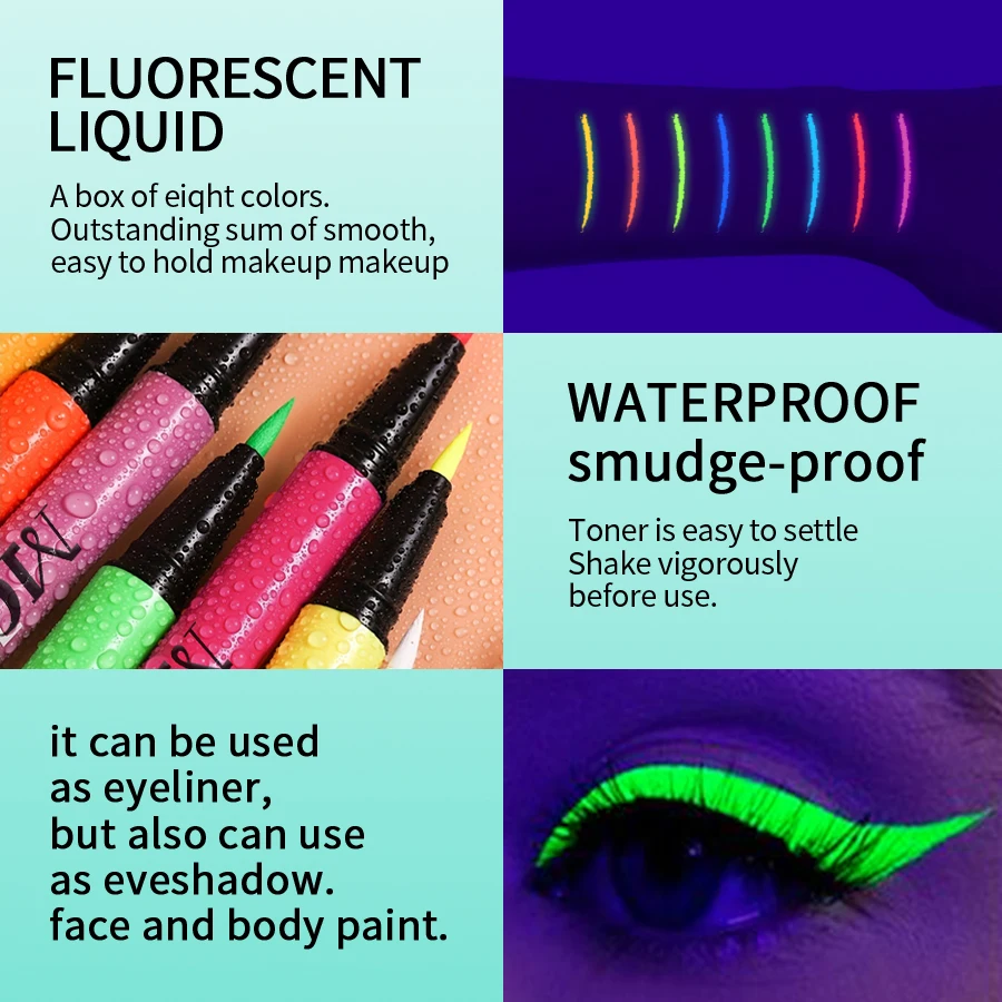 8色1個入りフェイスボディペイント、1個入りUVライトネオンフェイスペイントアート、韓国風メイク、青緑防水クリスマスパーティーボディペイント
