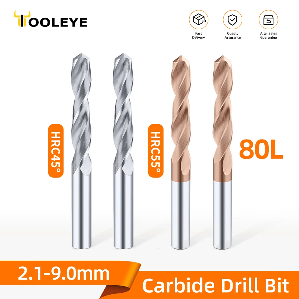 Tooleye Total Length 80mm Carbide Drill Bits HRC45° HRC55° For Hard Metalworking CNC Tools Tungsten Steel Metal Drills 2.1-10mm