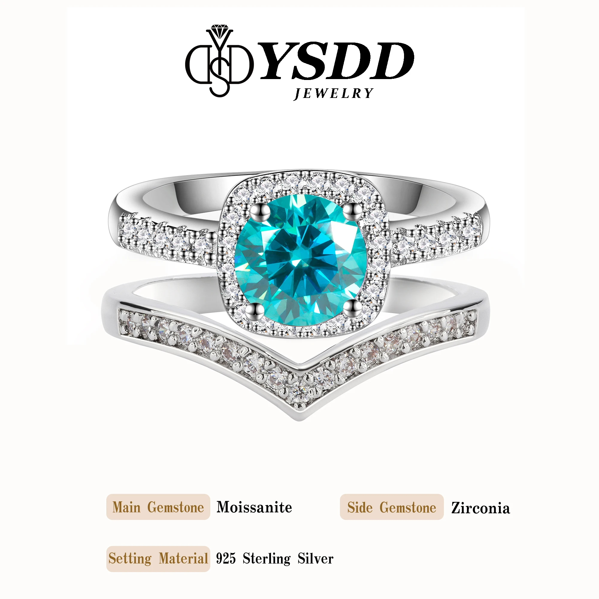 

#98 YSDD Moissanite Ring 1 Carat Paraiba Blue Princess Square Pack 925 Sterling Silver V Row Ring Women's Ring Quality Jewelry