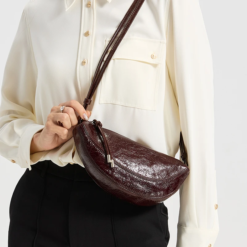 Genuine Cowhide Women Sling Crossbody Bag Oil Wax Real Leather Chest Bag Half Moon Shoulder Fanny Pack Ladies Daily Street Purse
