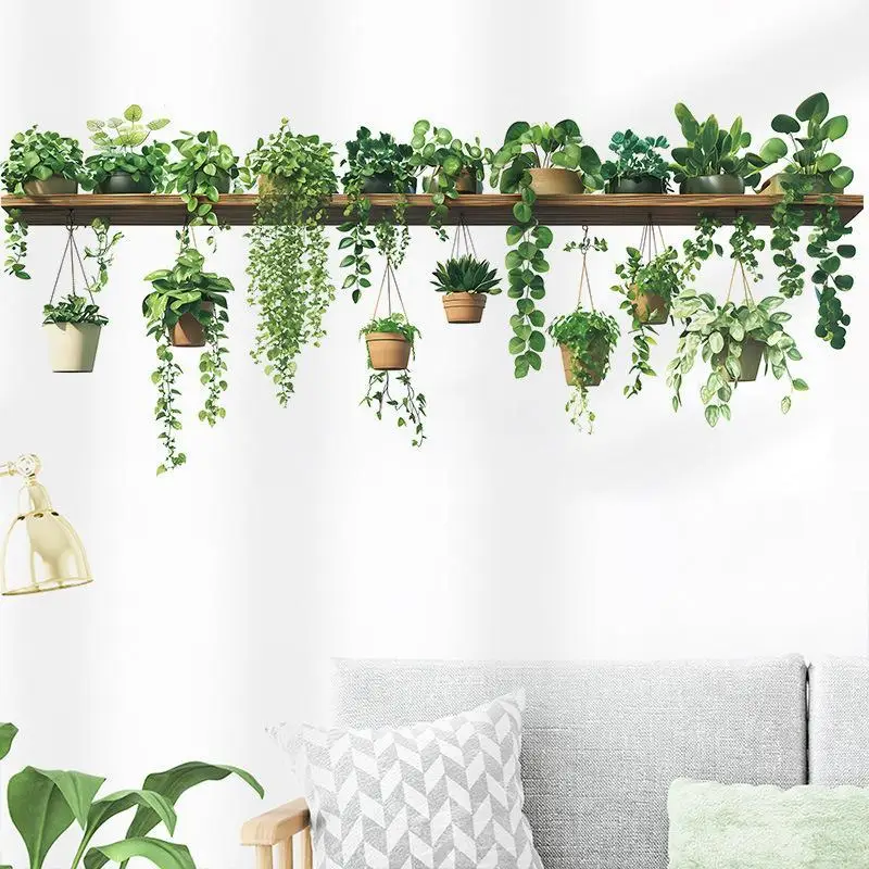 【D】Vivid Print Hanging Green Potted Plants Wall Decal Peel & Stick Eco-friendly Decor for Nursery Dorm Living Room Cafe