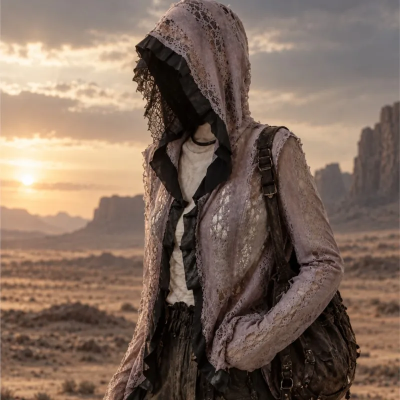 Waste Soil Style Dark Rock Lace Casual Short Cardigan Coat Hollow Texture Dirty Wash Women's Hooded Jacket