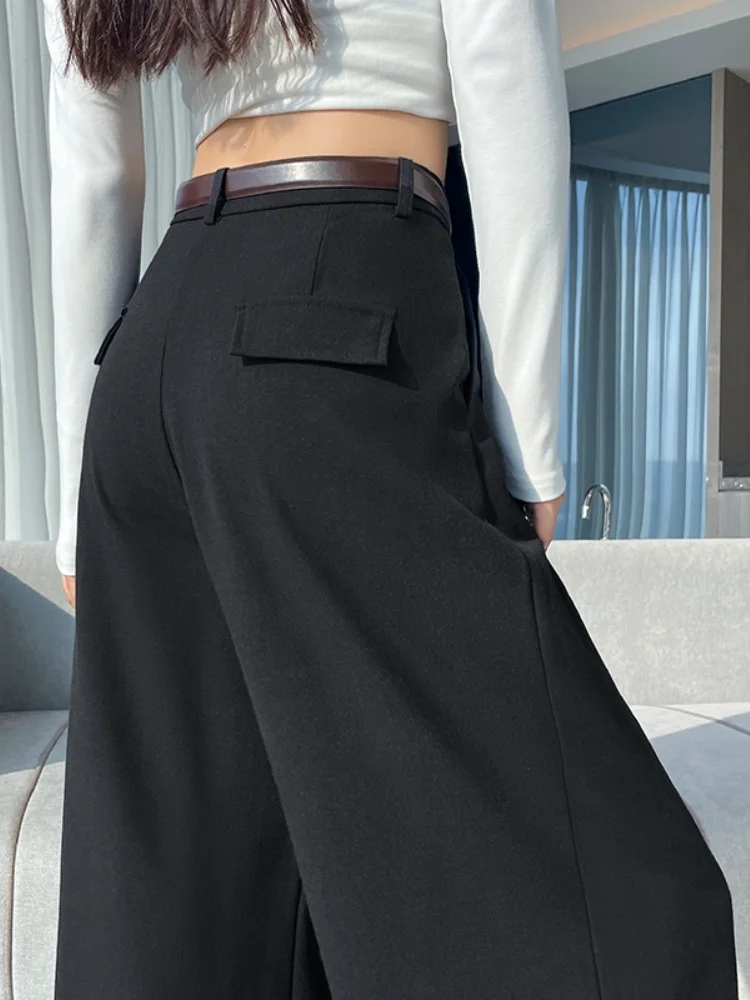 High Waist Draped Black Suit Pants Women's Slim Wide Leg Casual Straight Leg Long Trousers Commute Style Korean Fashion