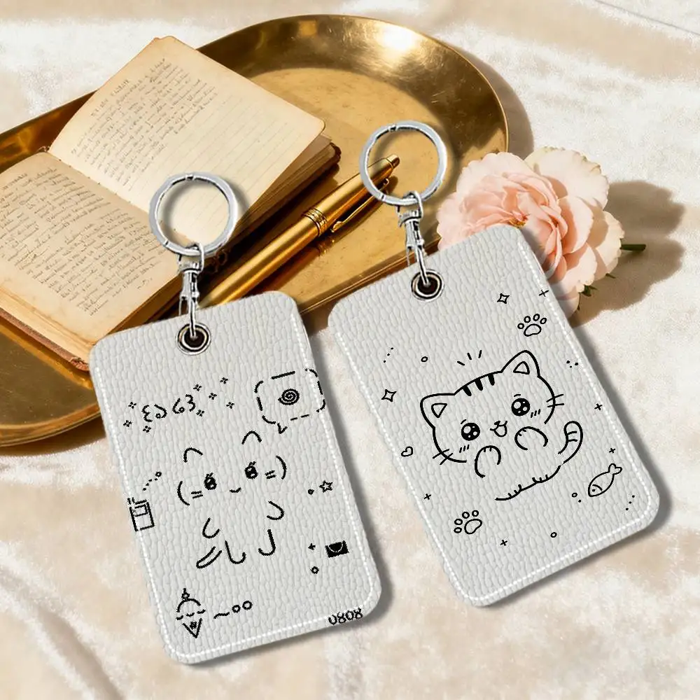 Cartoon Ins Korean Cute Black Line Cat Keyring Leather Access Card Holder Keychain Community Proximity Card Protective Case