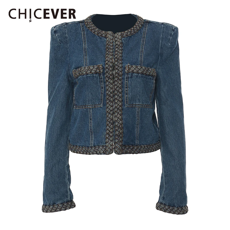 

CHICEVER Vintage Patchwork Weaving Jacket for Women O Neck Long Sleeve Spliced Pocket Pud Shoulder Design Denim Coat Female New