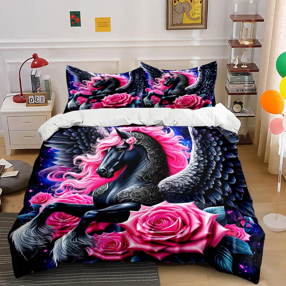 Black Pegasus and Romantic Rose Duvet Cover Print Bedding Set 1 Duvet Cover 2 Pillowcases for Adult and Children Luxury Gift