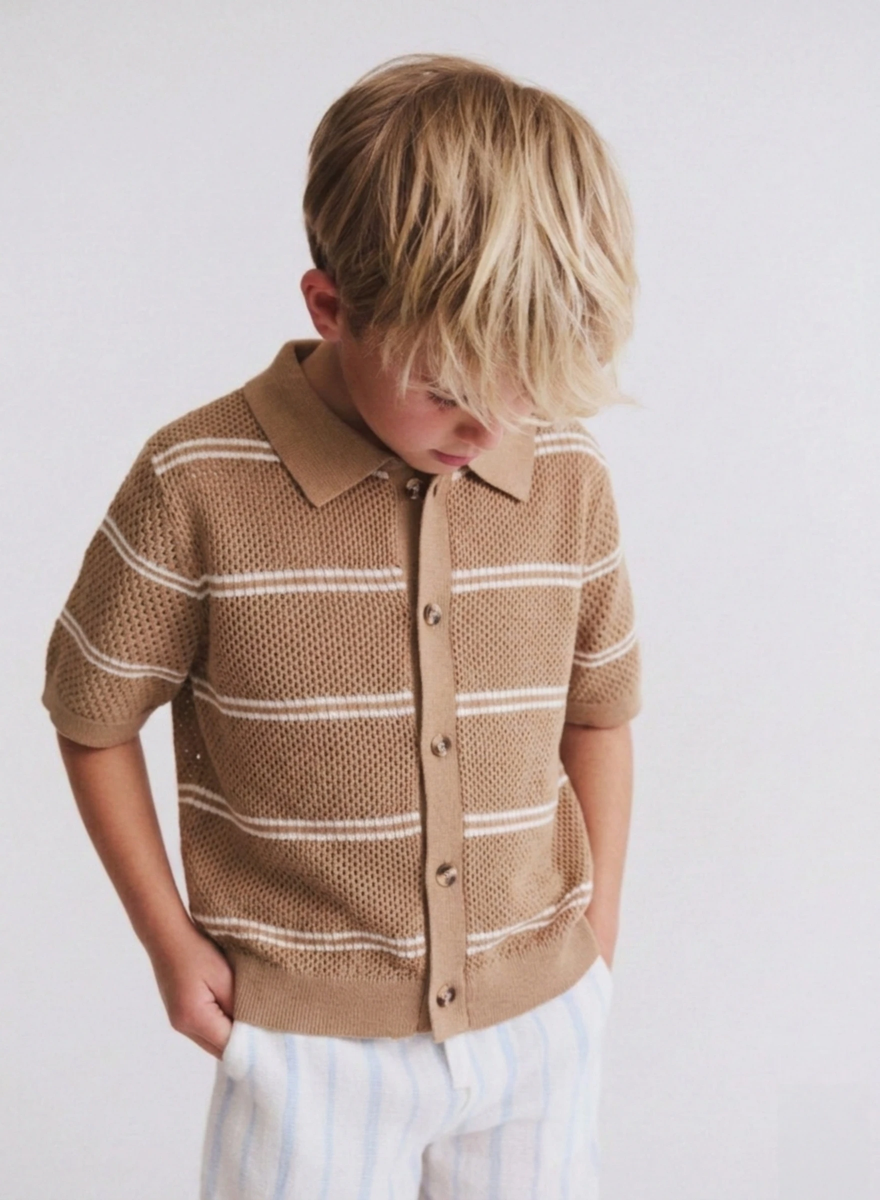 Boys' Casual Style Color Hollow Out Collar Polo Shirt Short-Sleeved Thin Knit Sweater Pullover Sweater