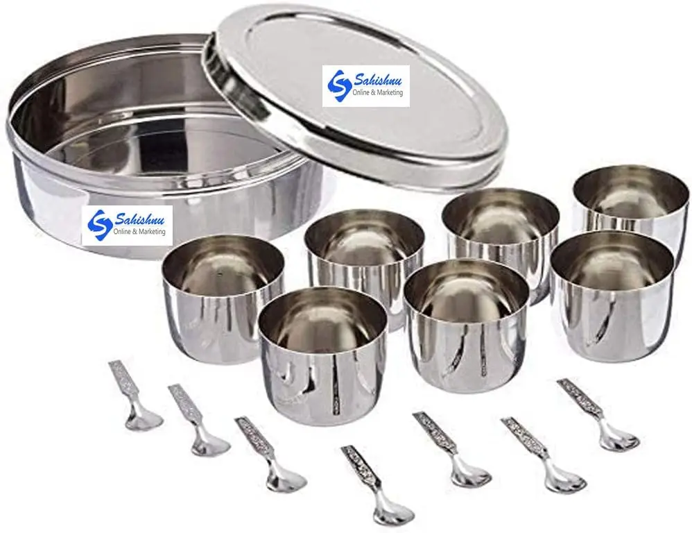 

Silver Traditional Indian Stainless Steel Spice Box, 8x8x3 Inches, 7 Cups & Spoons