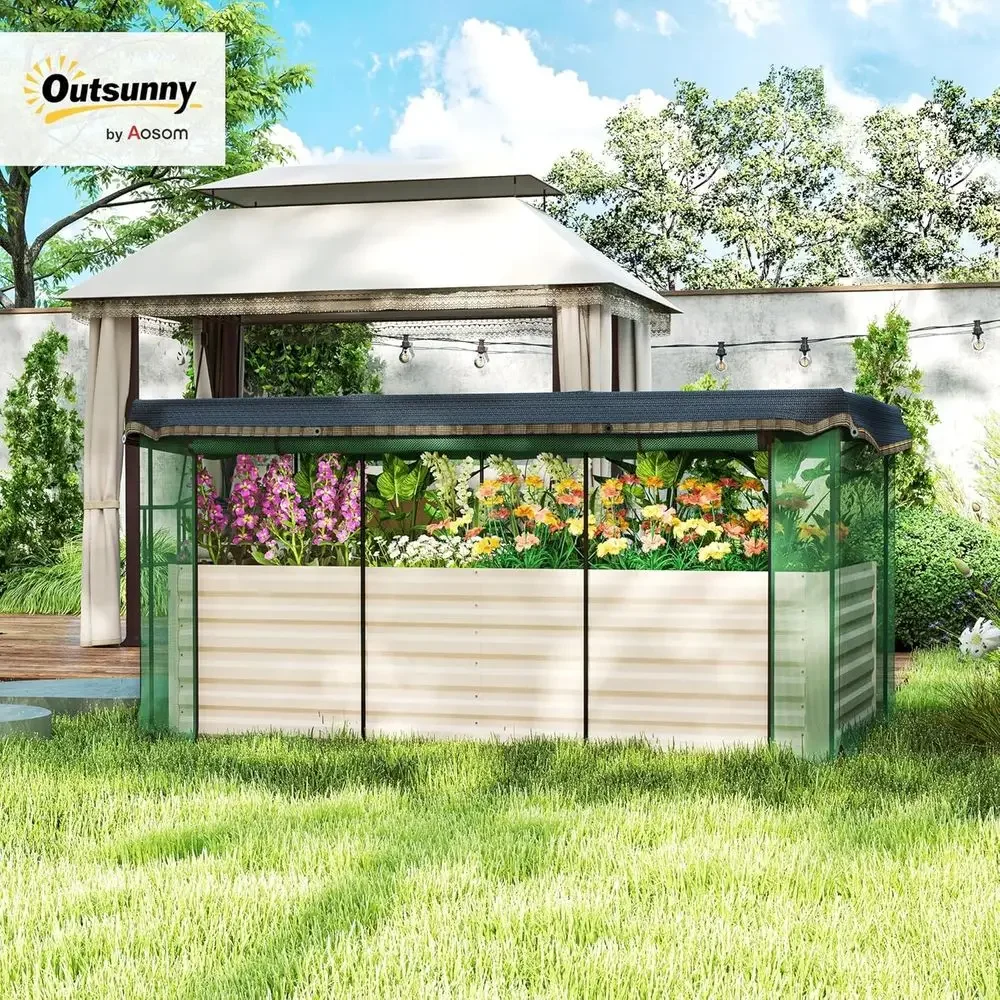 7.3ft x 3.4ft x 2ft Galvanized Raised Garden Bed with Crop Cage, Plant Protection Net, and Shade Cloth for Vegetables, Flowers,
