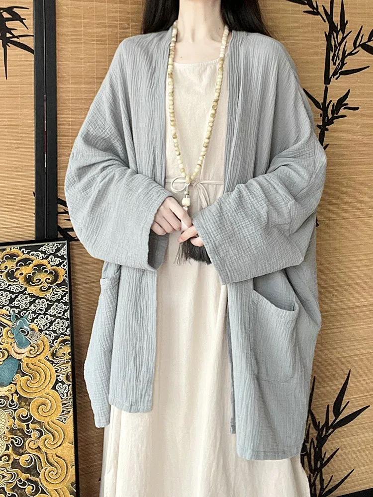 Conjunto de cardigã estilo chinês com vestido ramie sem mangas com renda e jaqueta de fio de algodão para uma sensação fresca e refrescante