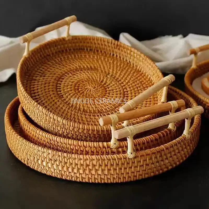 1pc Round/Square/Hexagonal Vine Tray, Chinese Tea Set Tray, Japanese Bread Basket, Rattan Woven Trays, Kitchen Storage Supplies
