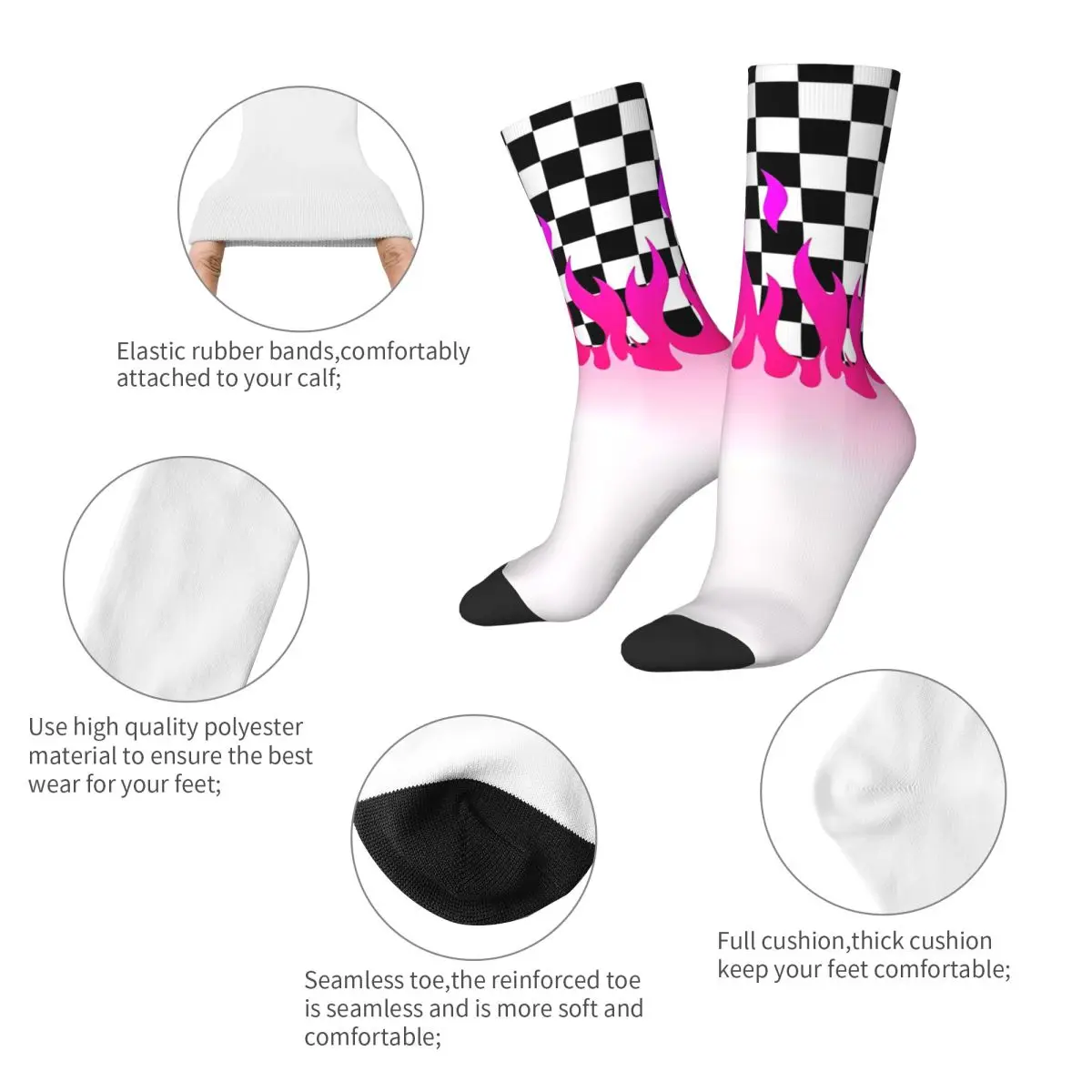 Pink Flames Checkerboard Socks Men Women Funny Happy Skater Boy Skater Girl Socks Novelty Spring Summer Autumn Winter Middle Tub