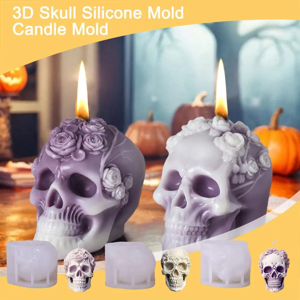 Moule à bougie 3D en silicone pour la décoration d'Halloween, fleur rose, tête de mort, plâtre en argile polymère, maison et bureau, Regina, J0A8