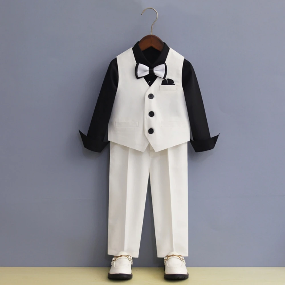 Fast Delivery Kids Formal Suits 4 Pieces Jacket Vest Pants Bow-tie Host Costumes Classic One Button Boys Suit Set 90-170cm