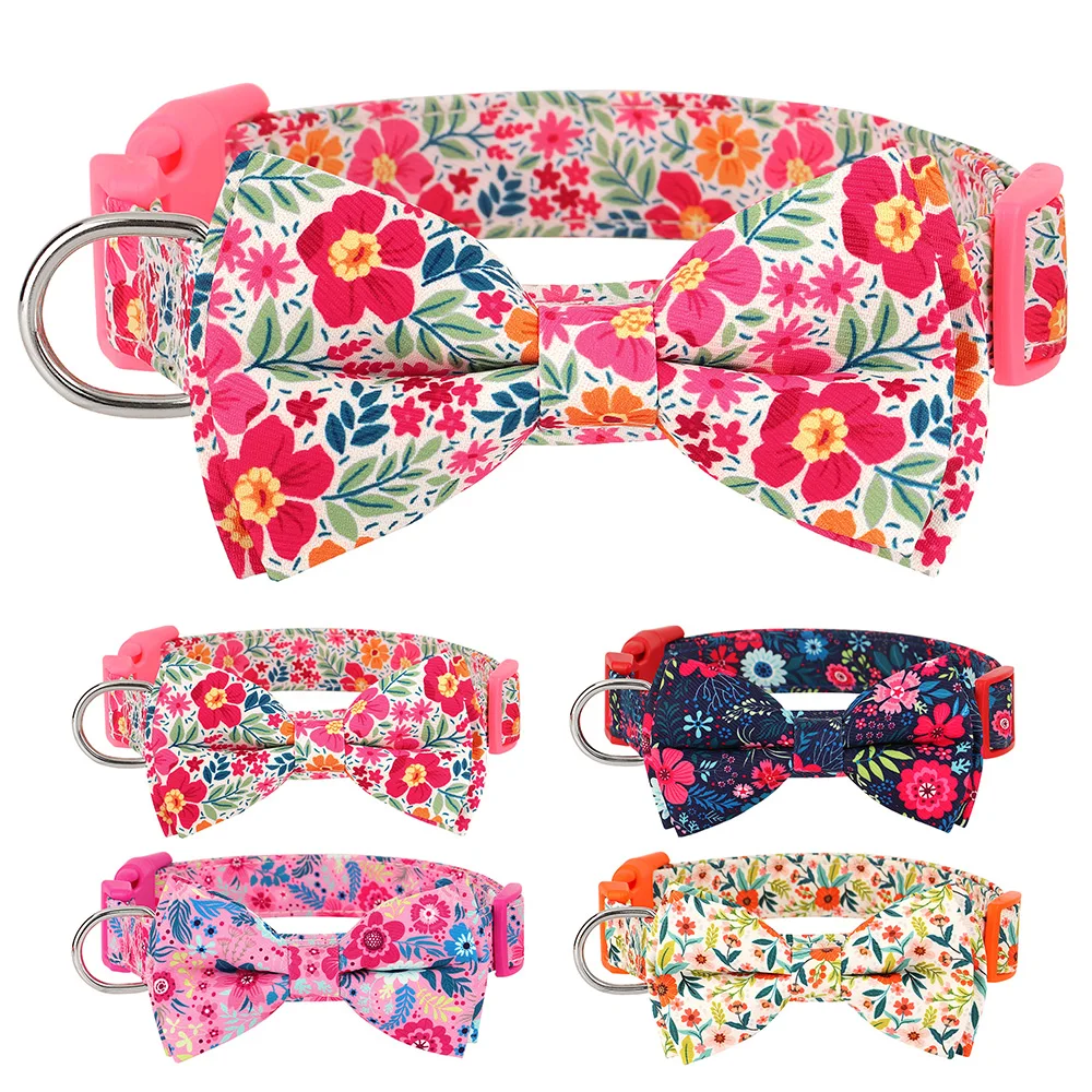 Flower Print Dog Collar With Bowknot Cute Bowtie Puppy Cat Collars Nylon Flower Dogs Necklace For Small Medium Dogs Chihuahua