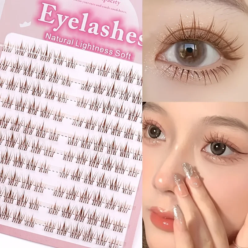 10-Pack Mixed Thickness Natural Cluster CC Curl Eyelash Extension Kit 10-12mm - Caramel Color DIY Sunflower False Lashes, Reusab