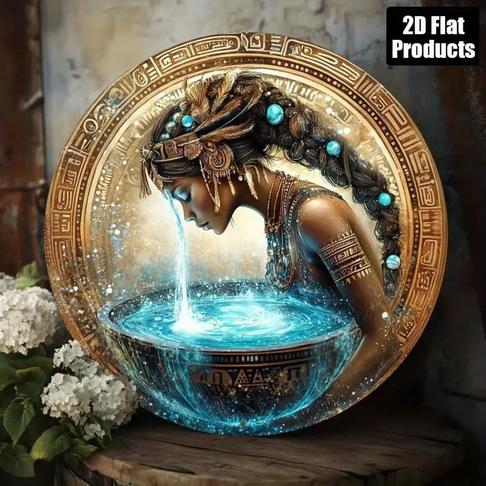 Aztec Goddess Liquid Magic 2D Flat High Definition Metal Wall Art Ethnic Fantasy Woman Portrait Pouring Glowing Water Ancient Ci