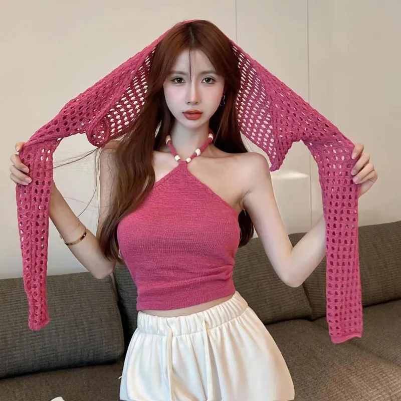 Women Sets Tanks Halter Crop Tops Slim Fit Summer Sexy Hot Girls Cardigan Solid Spring Hollow Out Кардиган Женский Korean Style