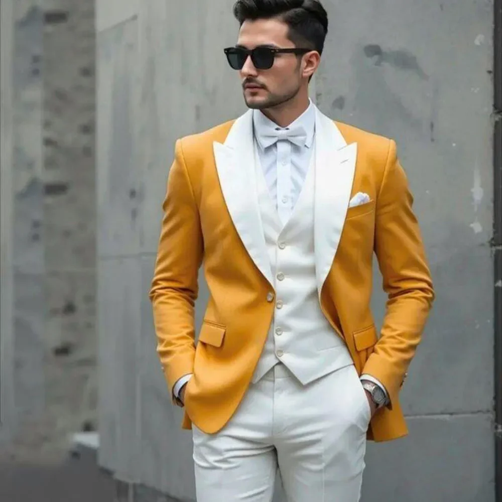 

Yellow Men Suits High Quality 3 Pieces Jacket Pant Peak Lapel Formal Occasion Single Breasted Business Male Clothing Classic