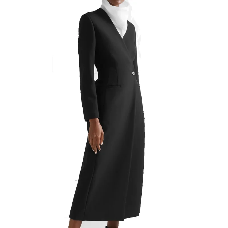 Black Women V-Neck Trenchcoat Long Sleeve Sheath OL Office Ladies Coat 51018