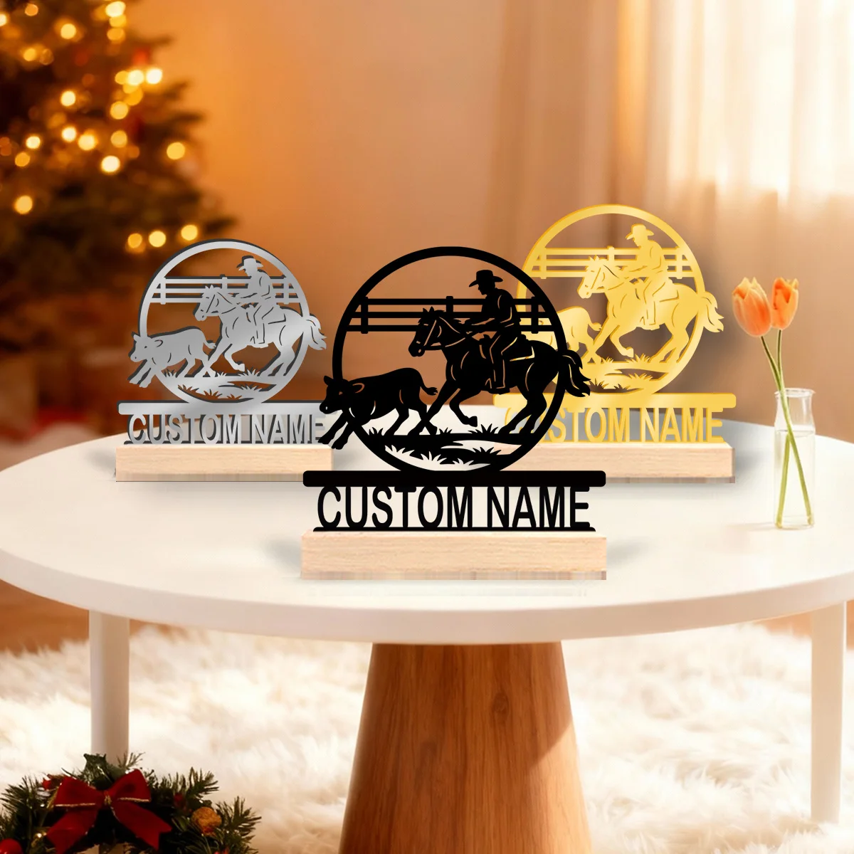 1pc Desktop Metal Ornaments Customizable Content With Wooden Base Art Decoration, Desktop Decoration