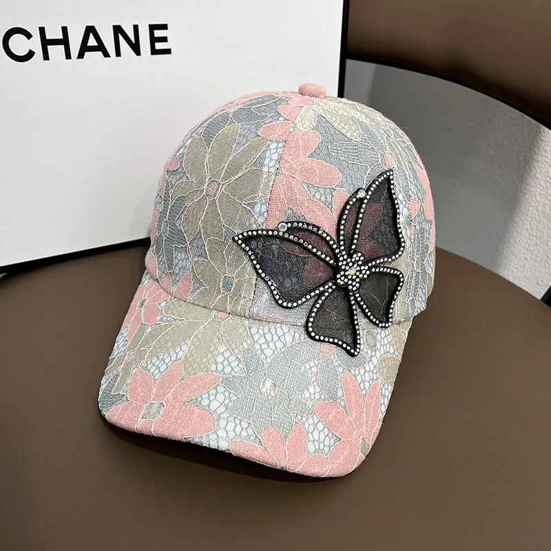 Koronkowa cienka czapka damska oddychające ochrona przed słońcem woda diamentowy motyl czapka bejsbolówka moda uliczna wszechstronne modne daszki
