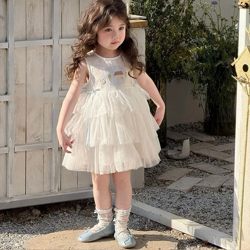 Vestido de verão sem mangas colete vestidos crianças meninas roupas crianças gaze bordado patinho bolo vestidos moda casual diariamente