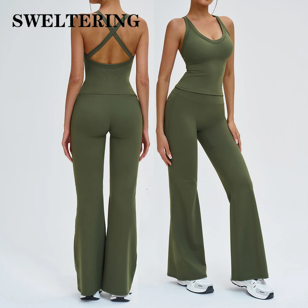 

2PCS Yoga Set Fitness Tracksuit Gym Clothes Sport Outfits Women Yoga Flared Pants Workout Crop Top Sports Suit Female Sportswear