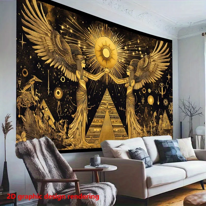 VIKAMA Black Gold Ancient Egyptian Goddess Tapestry Retro Pyramid and Sun God Totem Mysterious Living Room Decoration